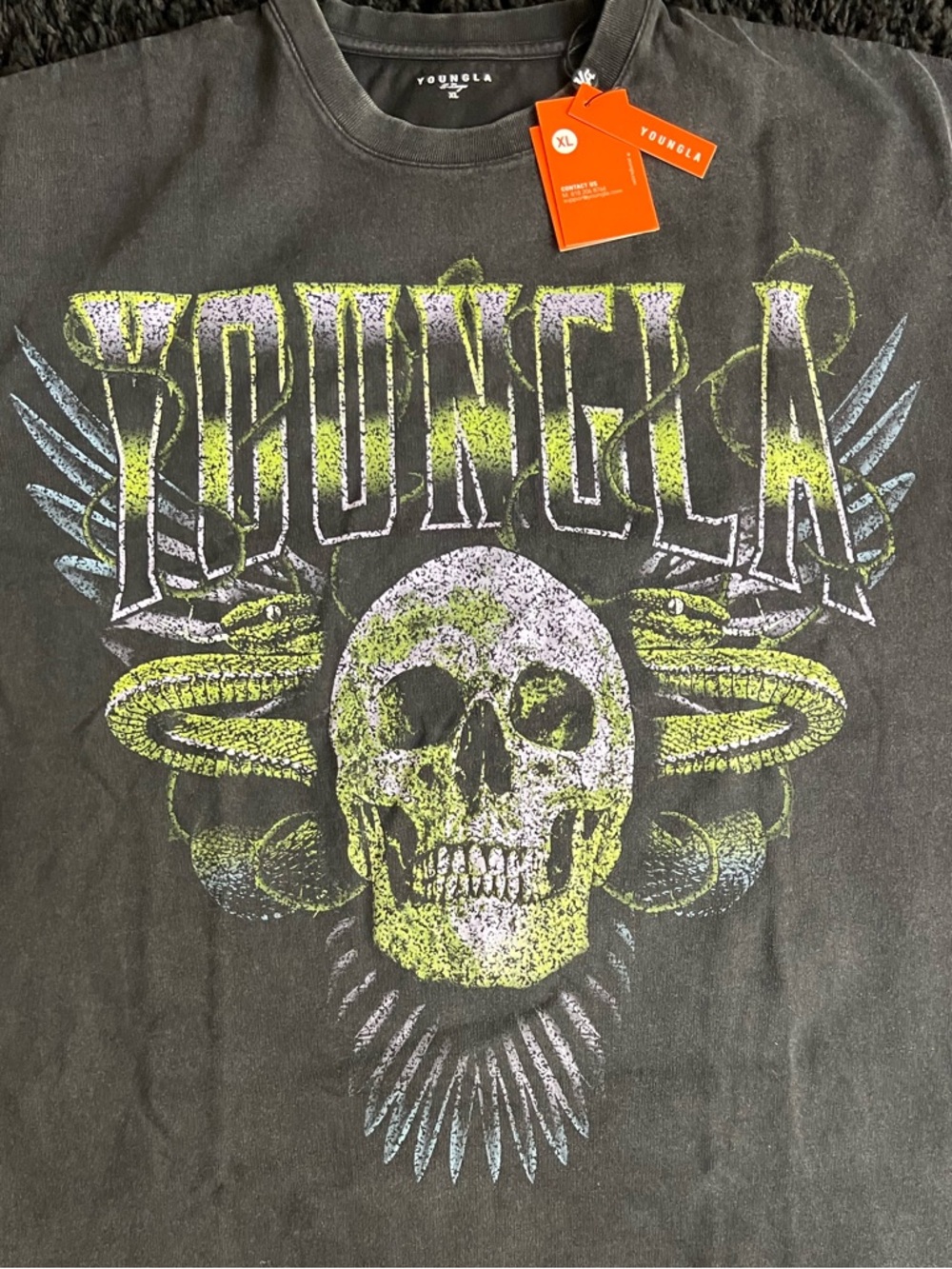 YoungLA Black Graphic Tee with Neon Green & Purple Print - Picture 2 of 5